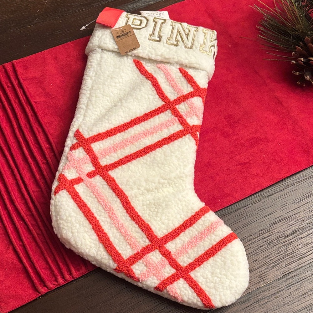 PINK Victoria's Secret Festive Stocking with Red and White Plaid